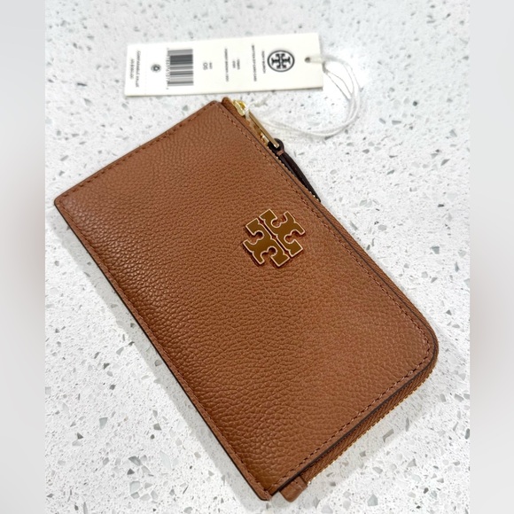 Tory Burch Handbags - Tory Burch Britten Pebbled Leather Zip Card Case Gold Logo NWT brown tan